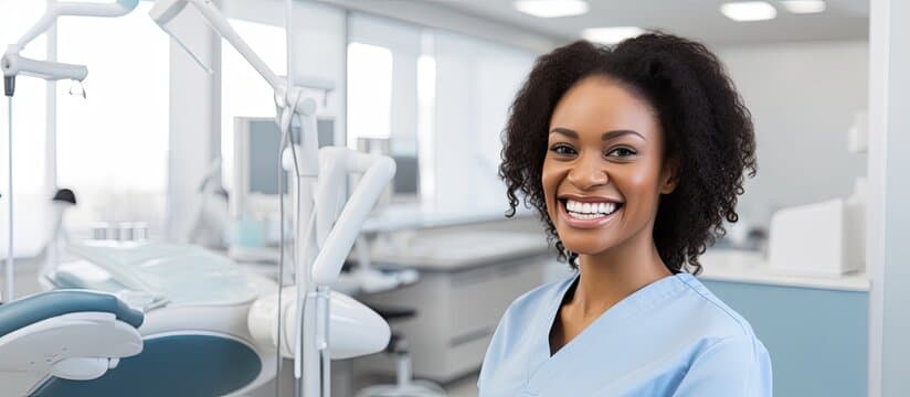A happy patient with a bright smile, sitting in a modern dental chair.
